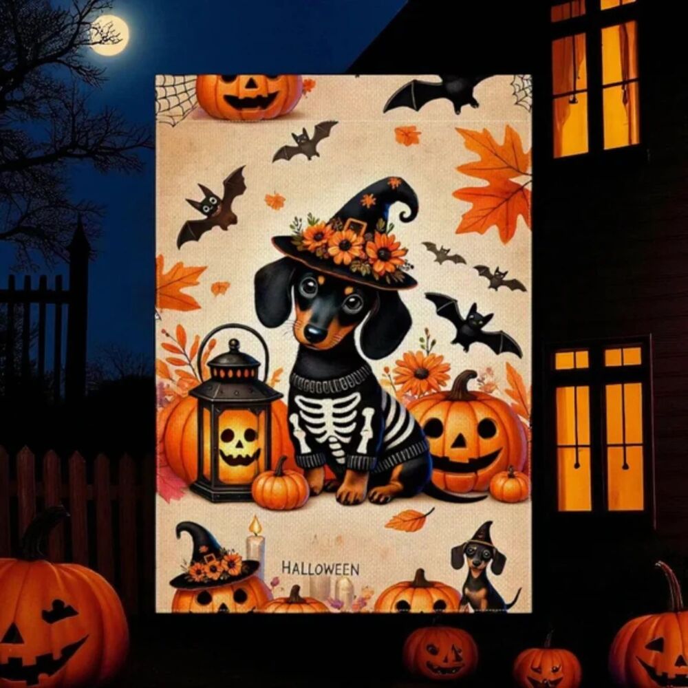 Halloween Dachshund Garden Flag – 12x8 – Skeleton Costume with Pumpkins & Bats - Picture 1 of 3